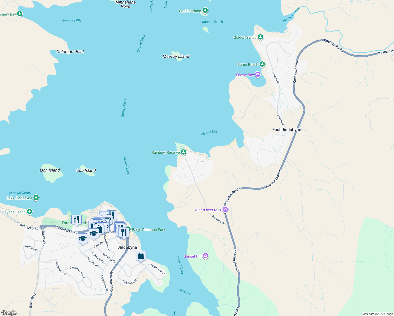 map of restaurants, bars, coffee shops, grocery stores, and more near 15 Girvin Place in East Jindabyne
