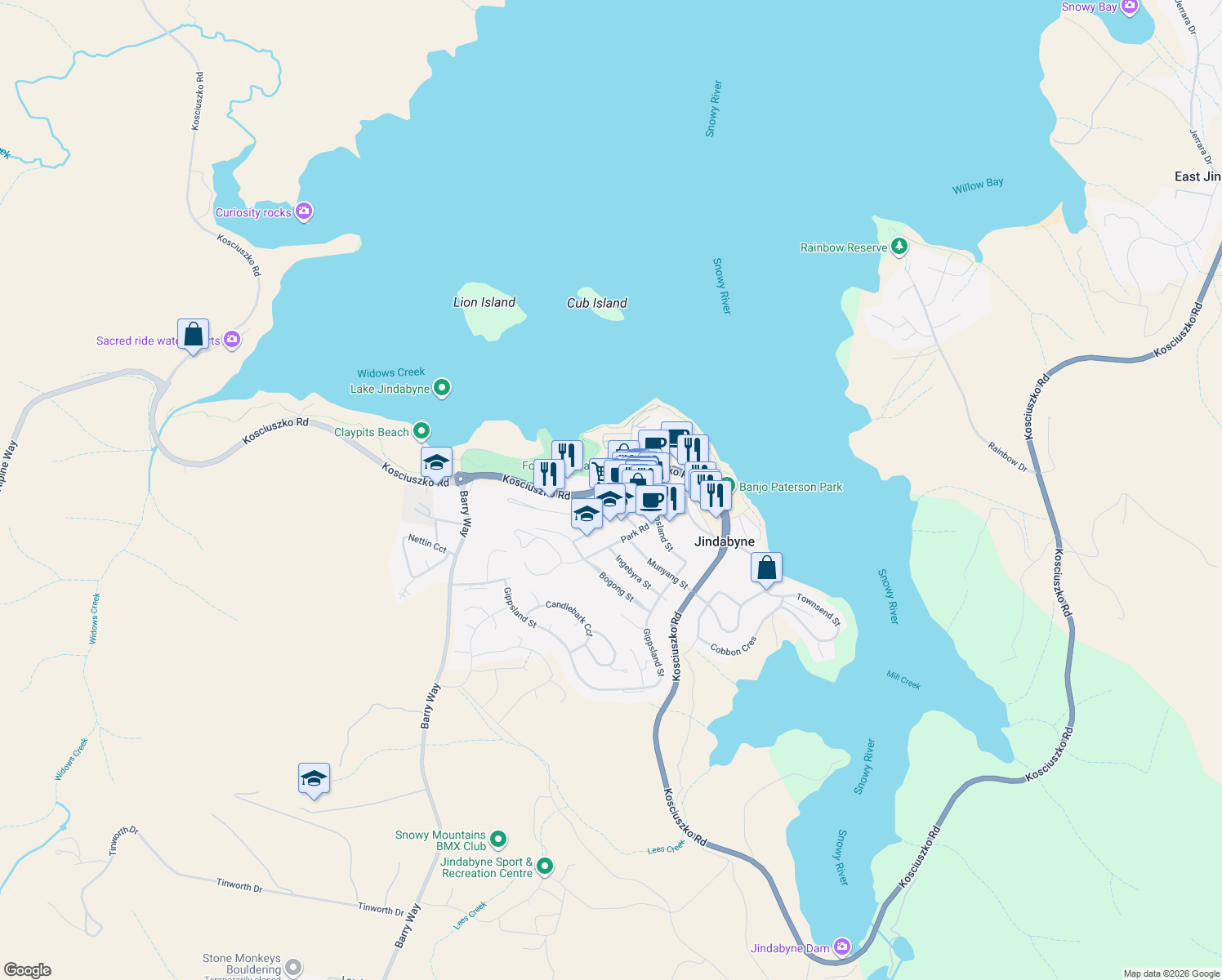 map of restaurants, bars, coffee shops, grocery stores, and more near LOT 1 Kalkite Street in Jindabyne