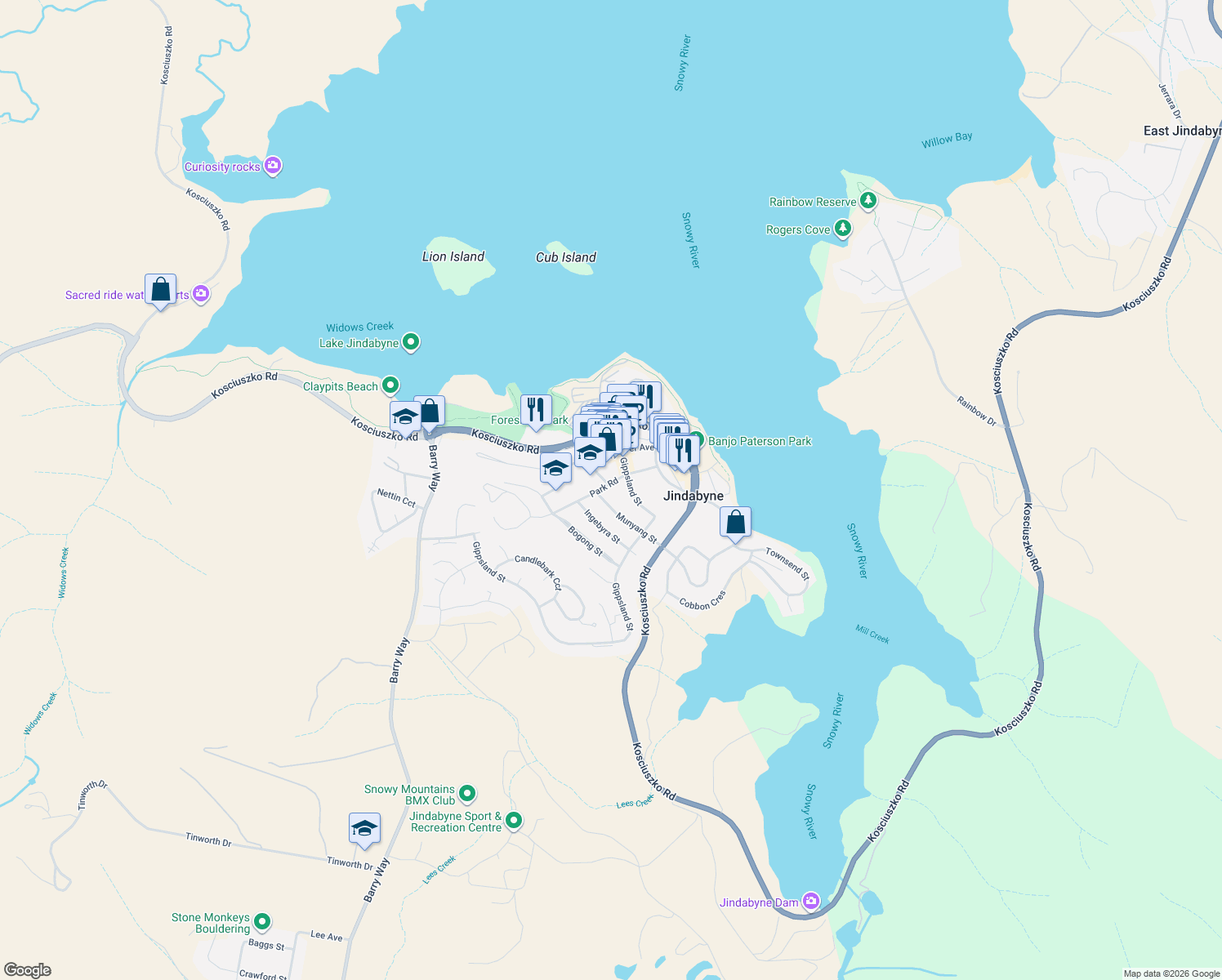 map of restaurants, bars, coffee shops, grocery stores, and more near 9 Park Road in Jindabyne