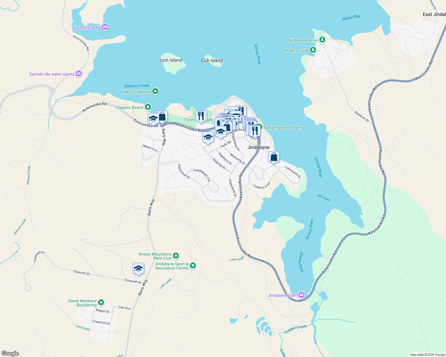 map of restaurants, bars, coffee shops, grocery stores, and more near 6 Cobbadah Street in Jindabyne