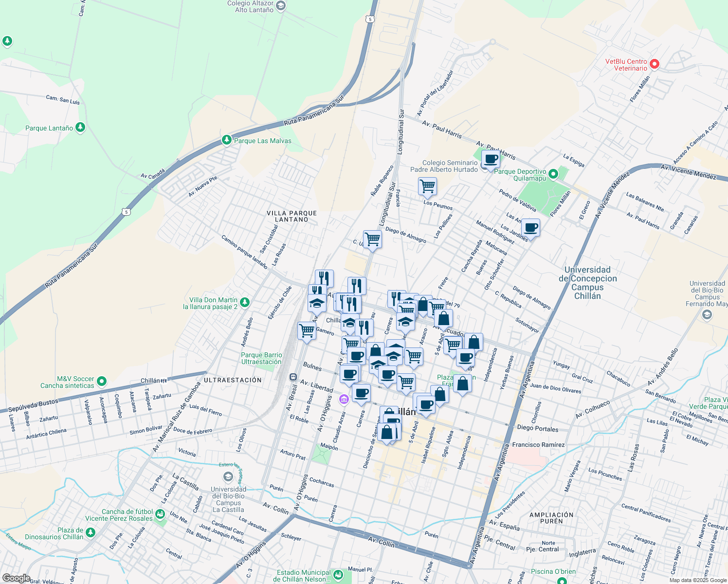 map of restaurants, bars, coffee shops, grocery stores, and more near 13 Longitudinal Sur in Chillan