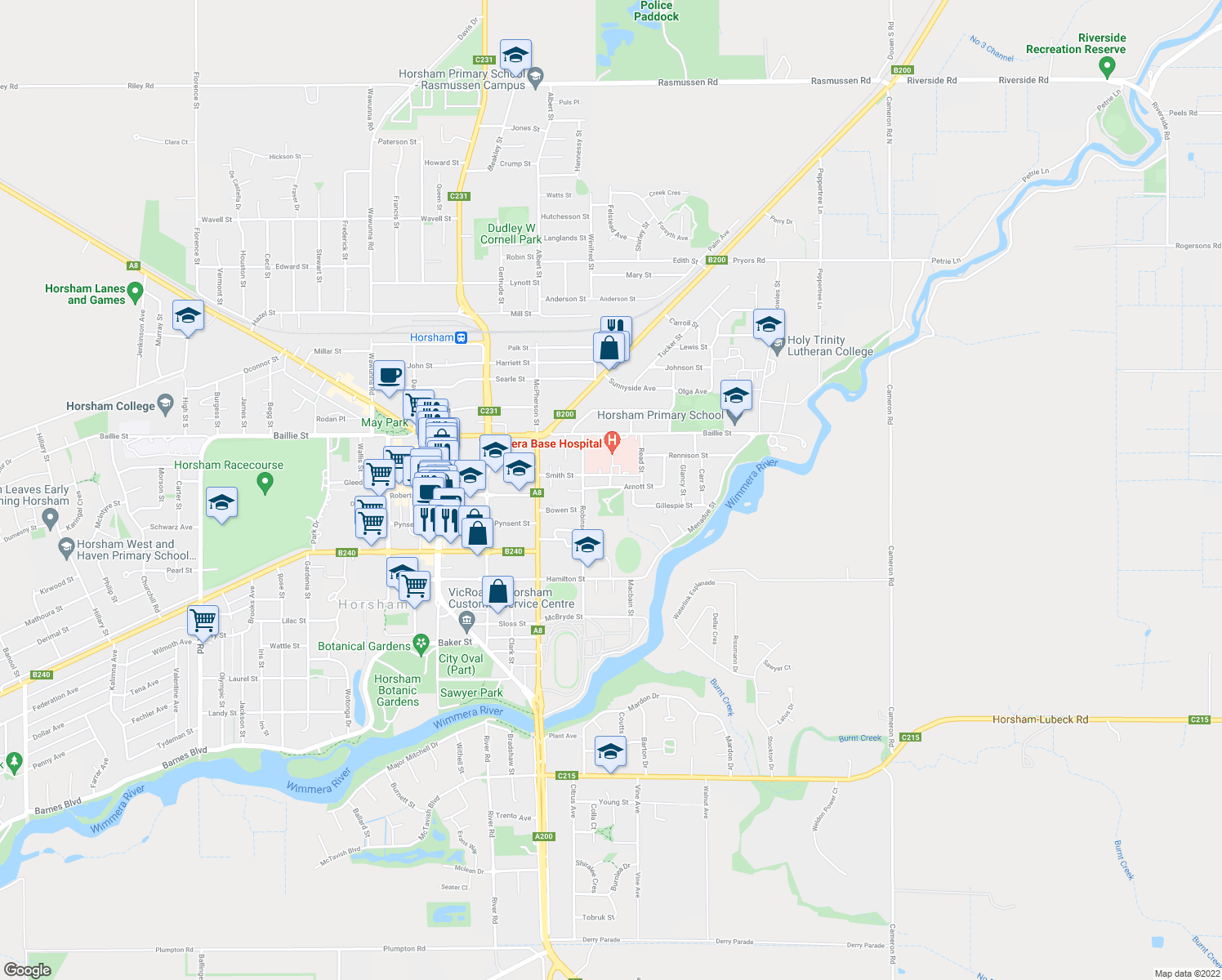 map of restaurants, bars, coffee shops, grocery stores, and more near 2-22 Arnott Street in Horsham
