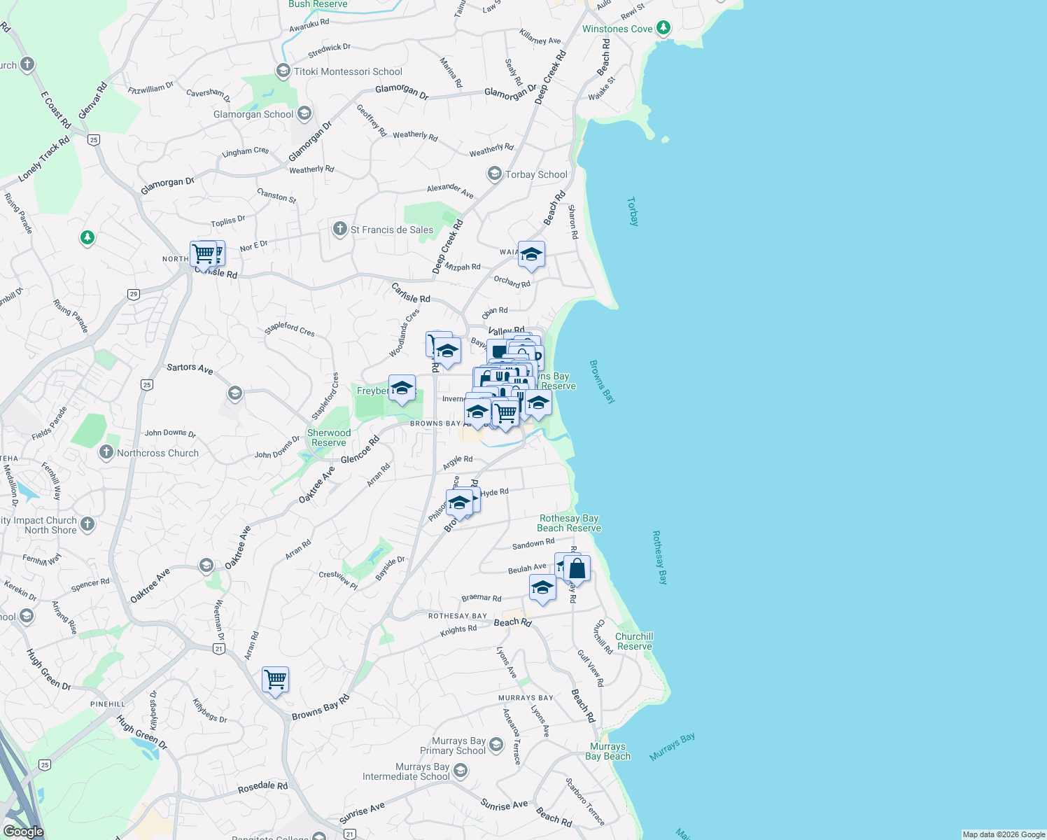 map of restaurants, bars, coffee shops, grocery stores, and more near 11 Clyde Road in Auckland