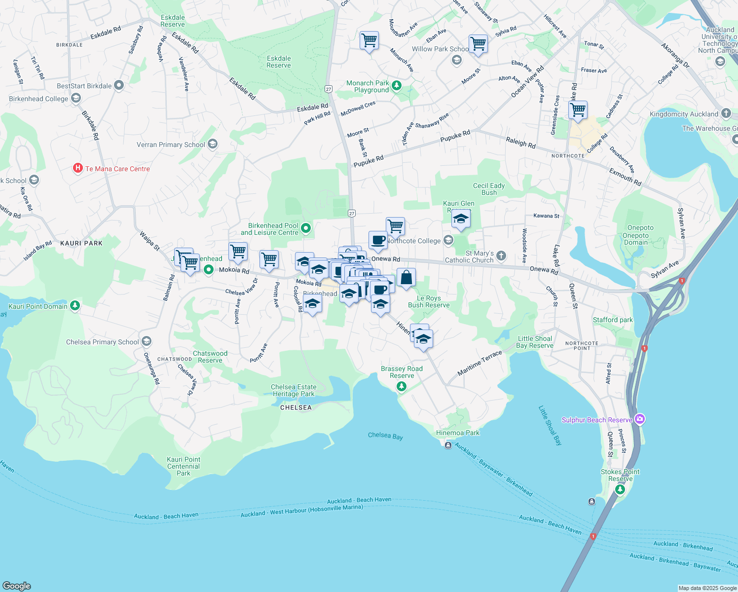 map of restaurants, bars, coffee shops, grocery stores, and more near 215 Hinemoa Street in Auckland