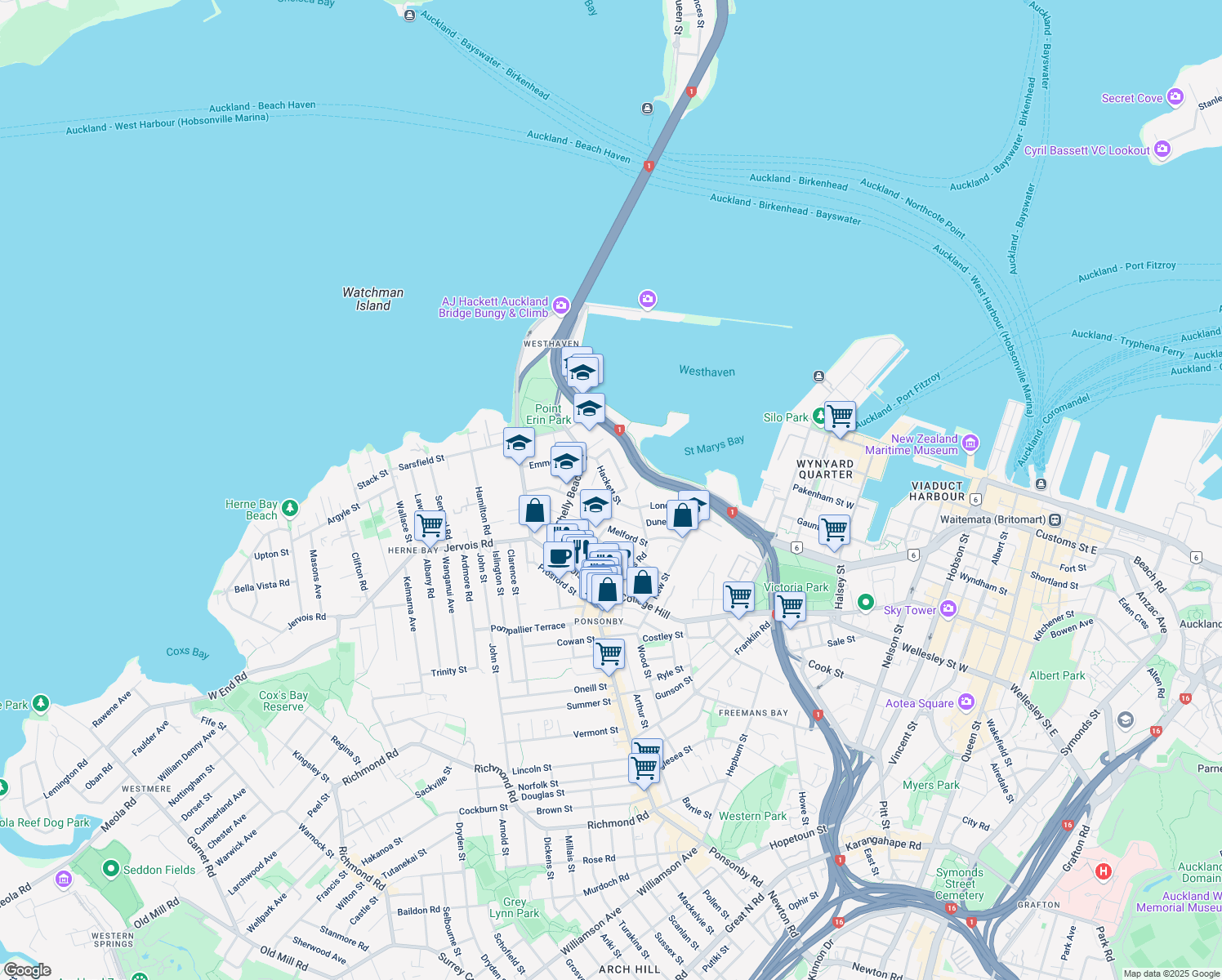 map of restaurants, bars, coffee shops, grocery stores, and more near Hackett Street in Auckland