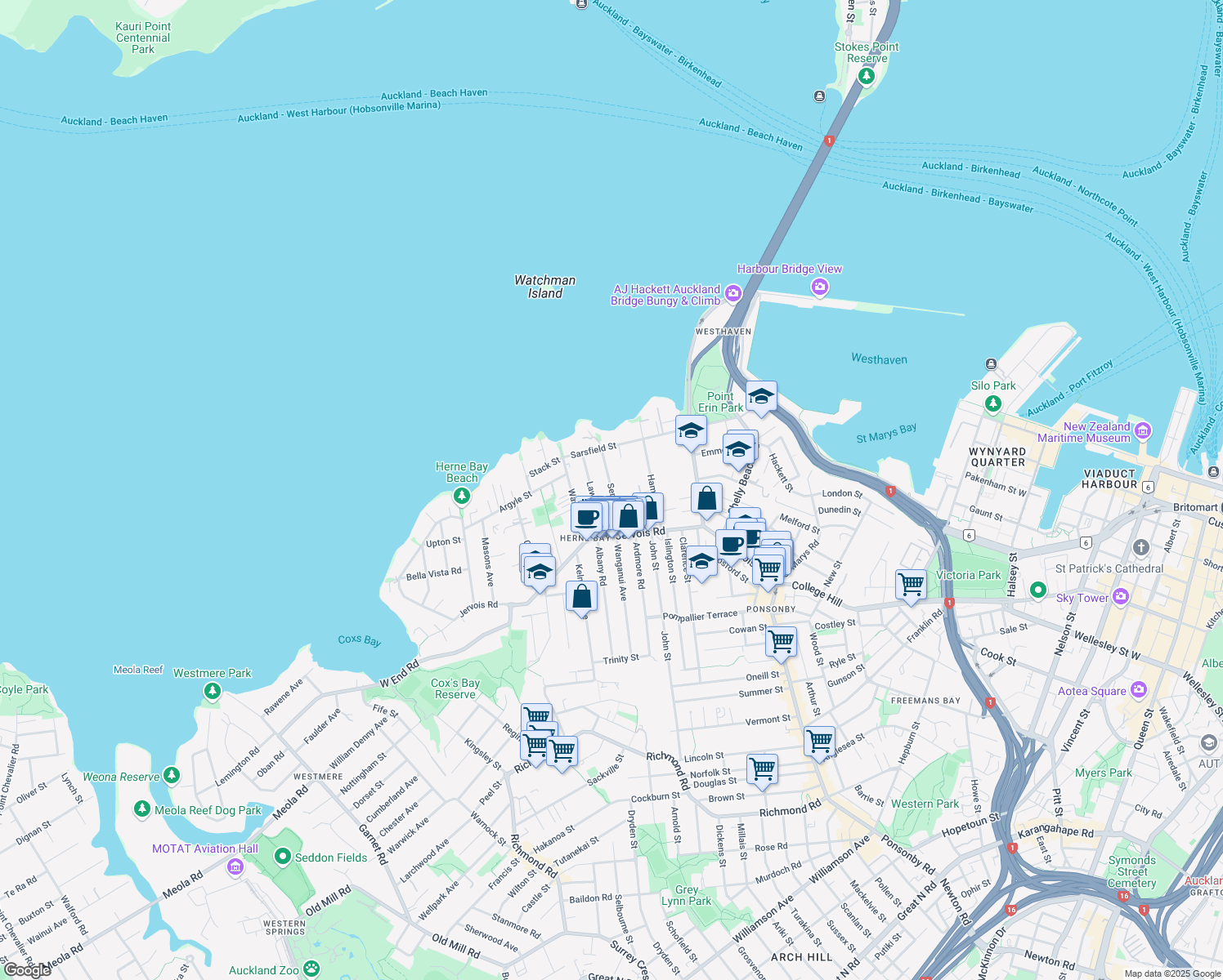 map of restaurants, bars, coffee shops, grocery stores, and more near Sentinel Road in Auckland
