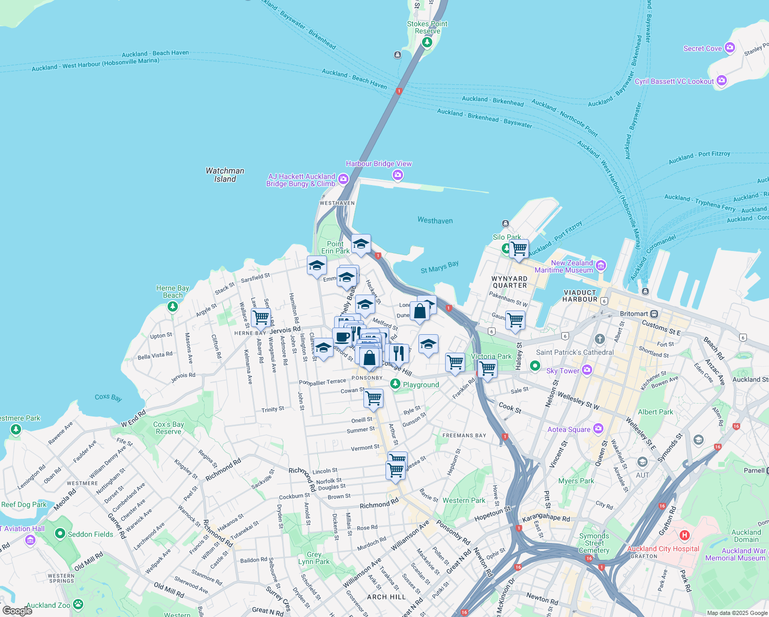 map of restaurants, bars, coffee shops, grocery stores, and more near 8 Hackett Street in Auckland