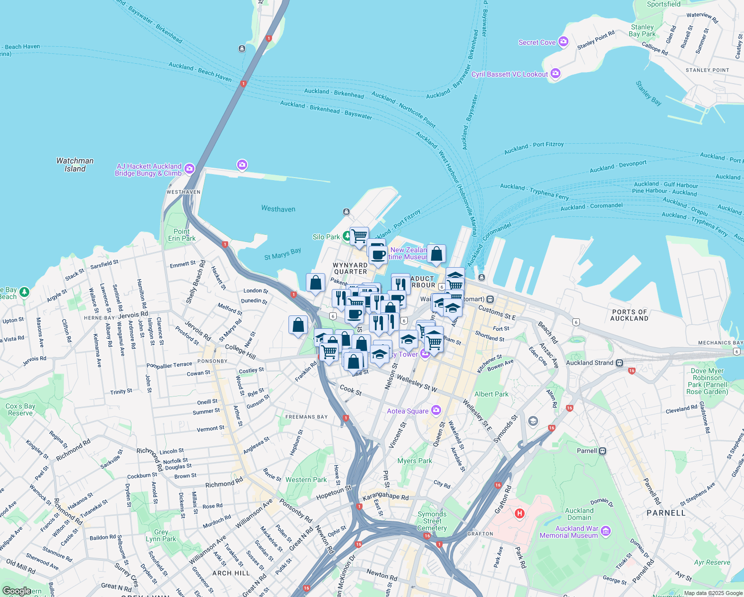 map of restaurants, bars, coffee shops, grocery stores, and more near 79 Halsey Street in Auckland