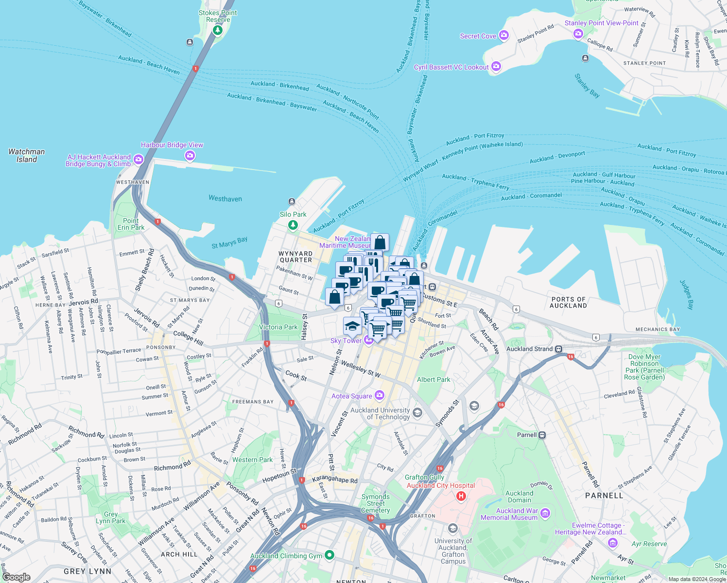 map of restaurants, bars, coffee shops, grocery stores, and more near 1 Pakenham Street East in Auckland