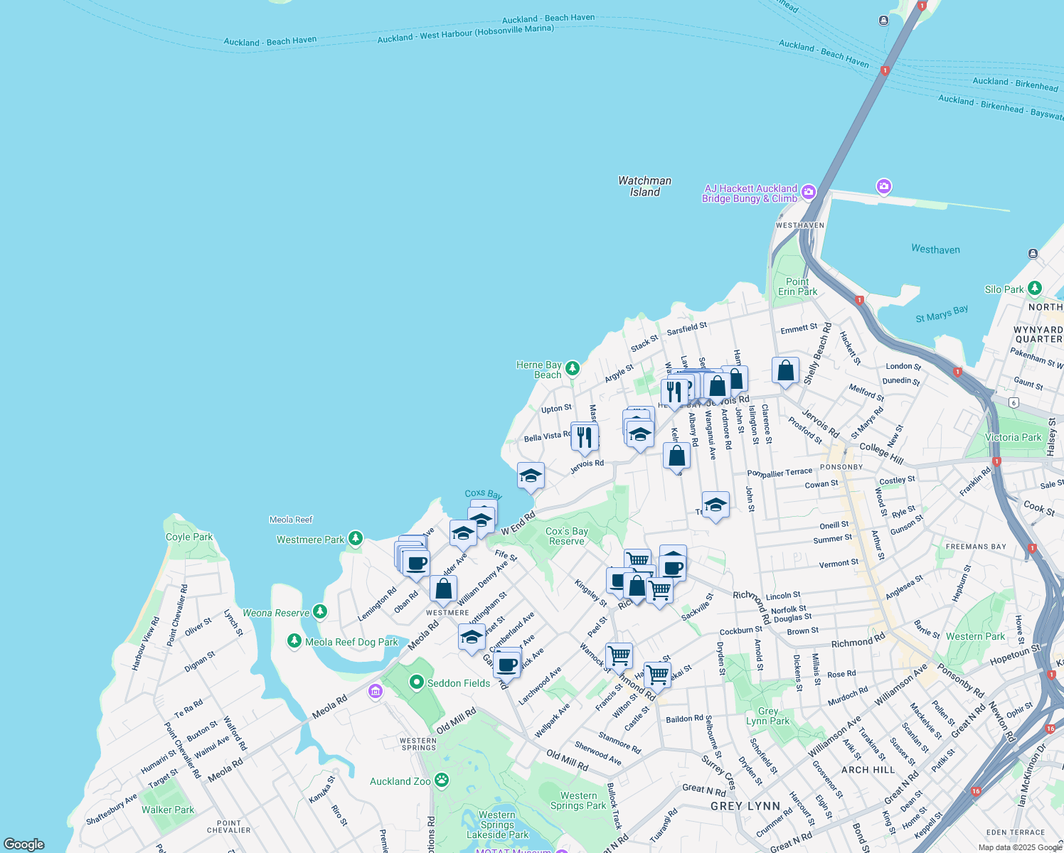 map of restaurants, bars, coffee shops, grocery stores, and more near 26 Marine Parade in Auckland