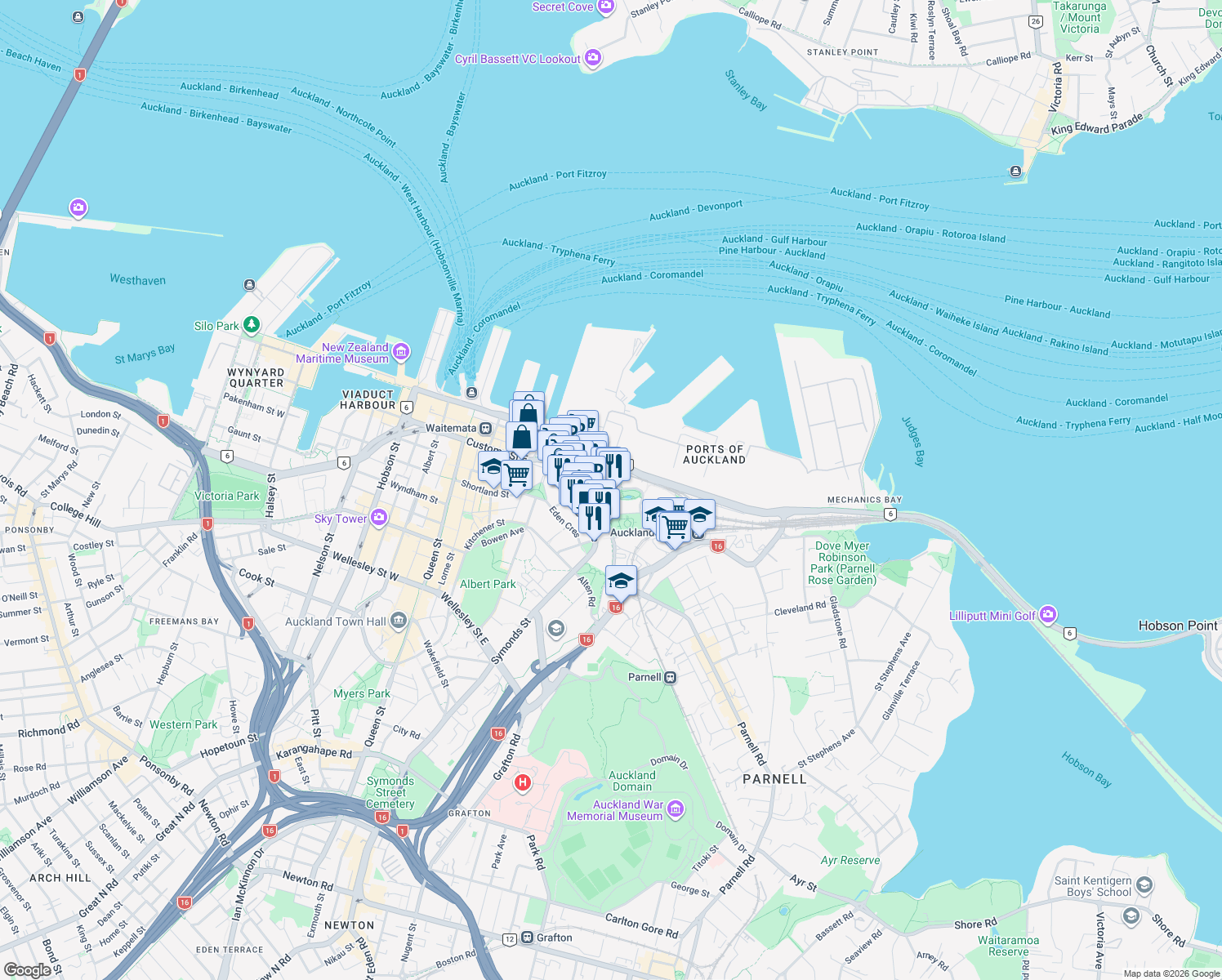 map of restaurants, bars, coffee shops, grocery stores, and more near 2 Tapora Street in Auckland
