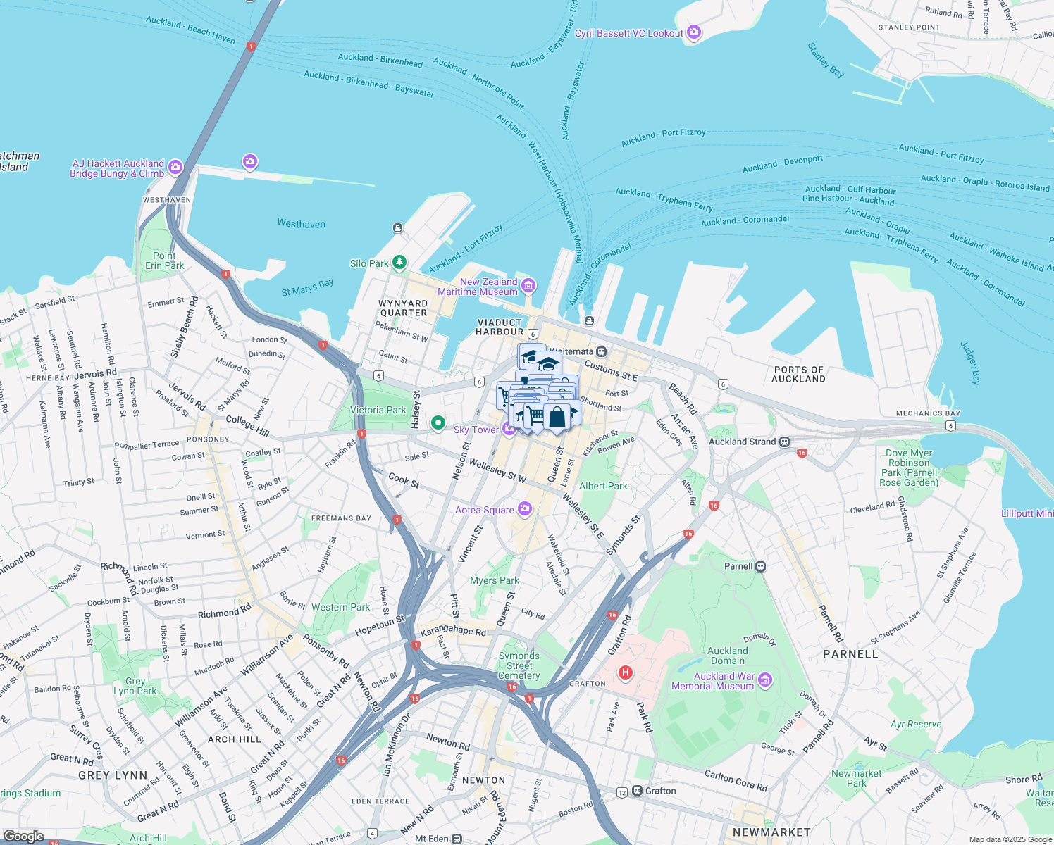 map of restaurants, bars, coffee shops, grocery stores, and more near 10 Kingston Street in Auckland