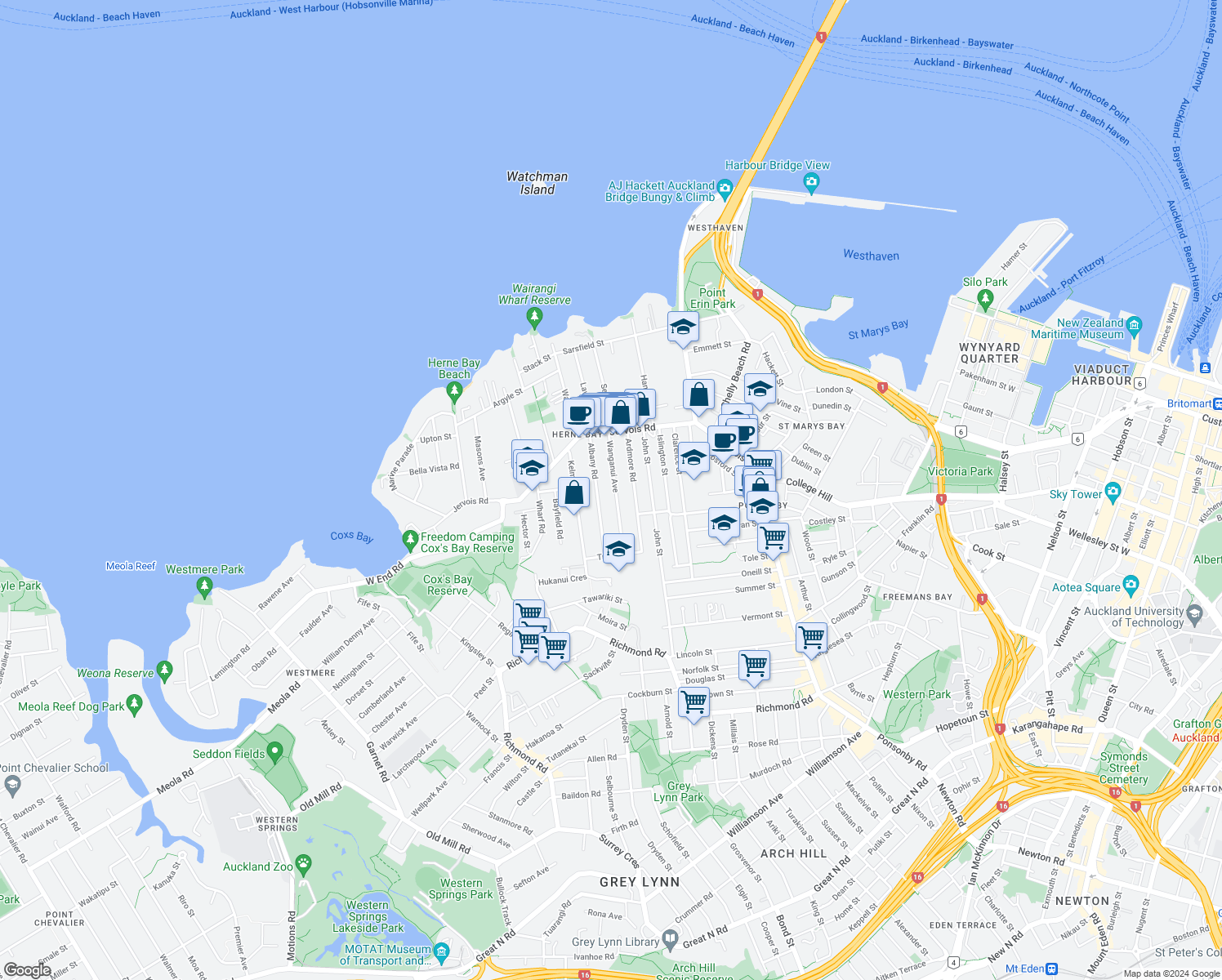 map of restaurants, bars, coffee shops, grocery stores, and more near 29 Wanganui Avenue in Auckland