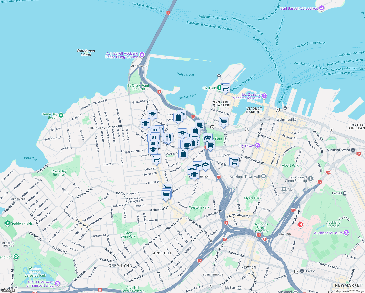 map of restaurants, bars, coffee shops, grocery stores, and more near 33 College Hill in Auckland