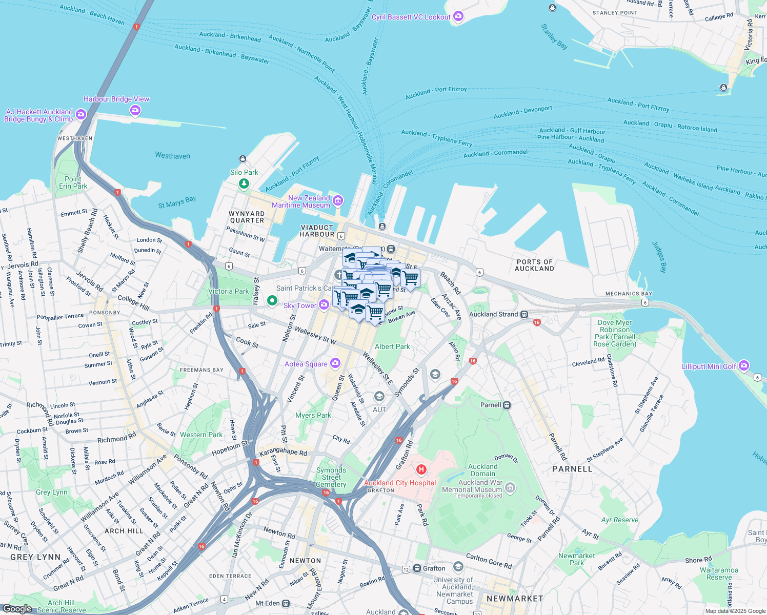 map of restaurants, bars, coffee shops, grocery stores, and more near Courthouse Lane in Auckland