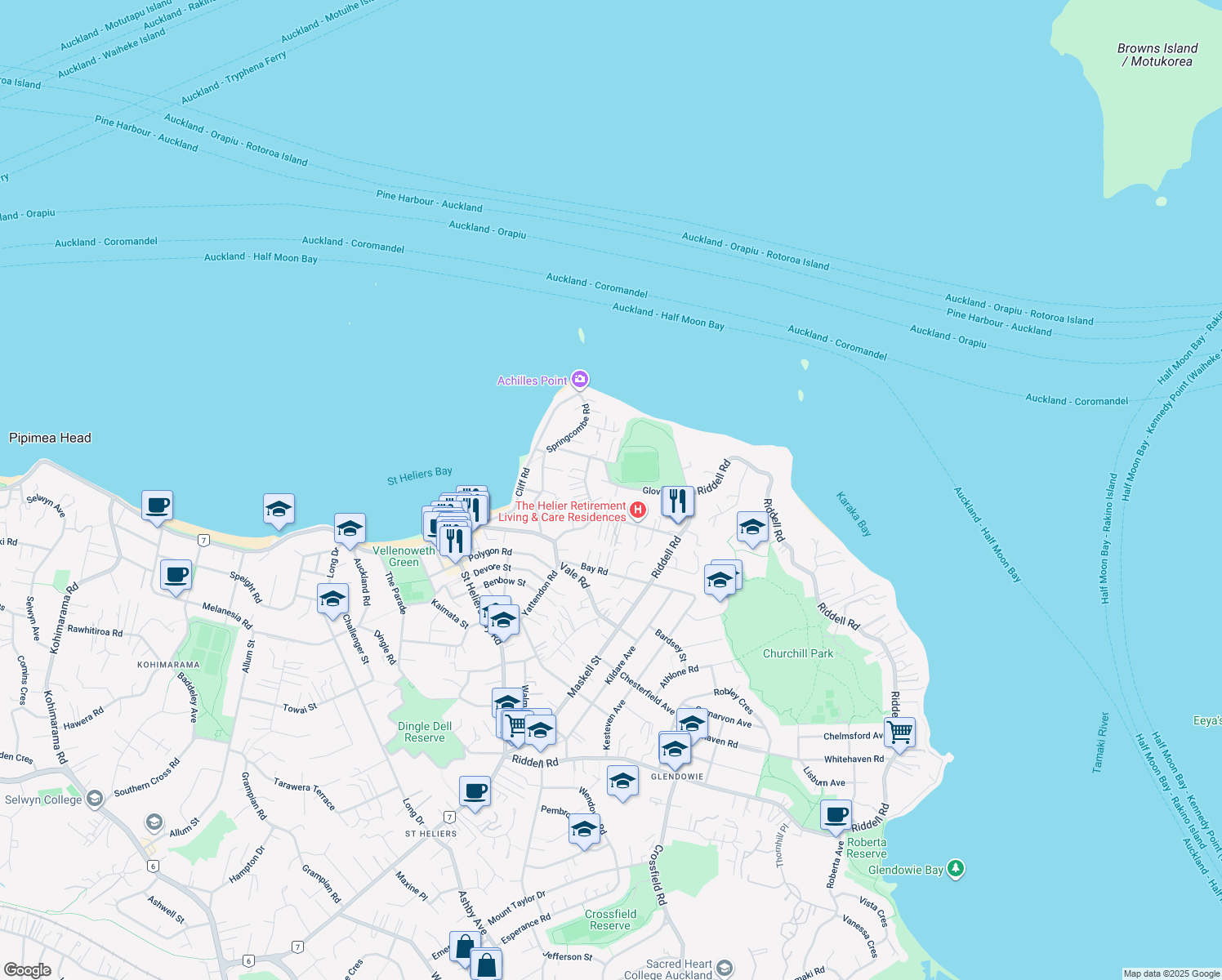 map of restaurants, bars, coffee shops, grocery stores, and more near 25 Glover Road in Auckland