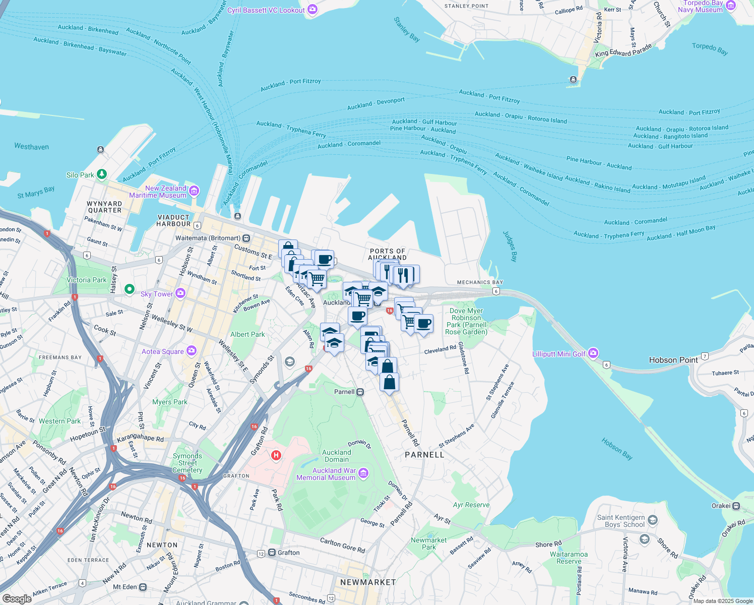 map of restaurants, bars, coffee shops, grocery stores, and more near in Auckland