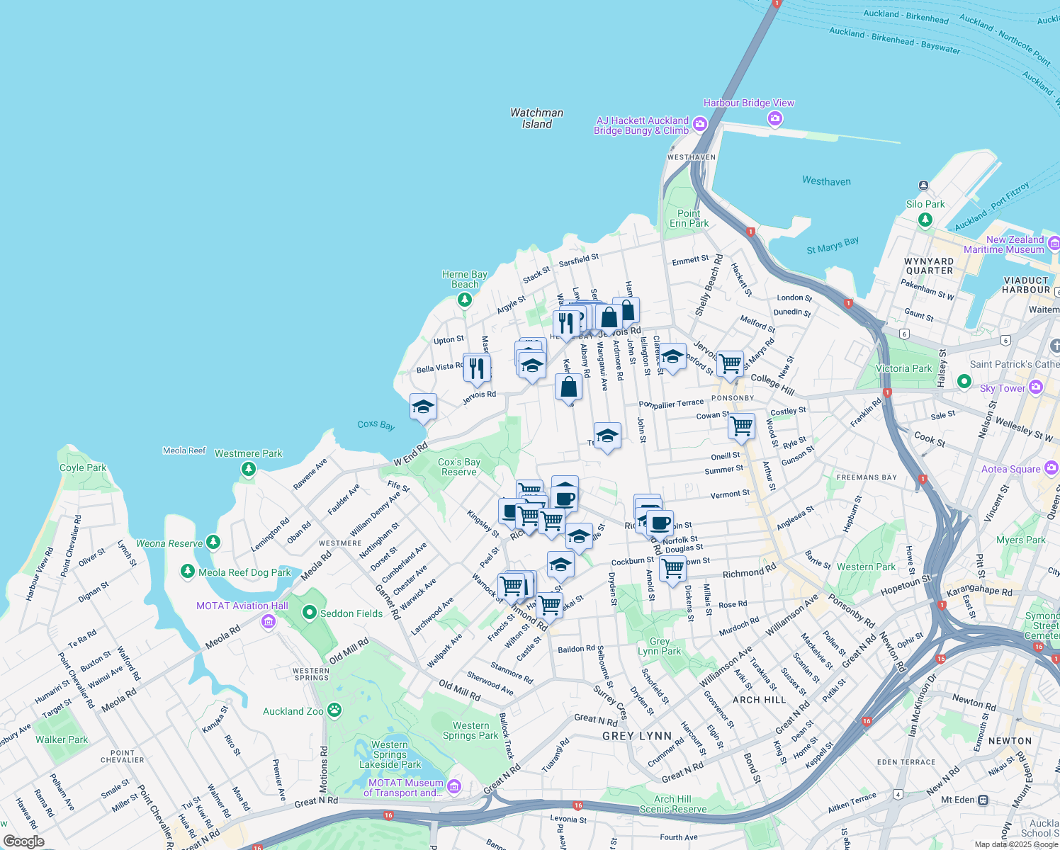 map of restaurants, bars, coffee shops, grocery stores, and more near 16 Hector Street in Auckland