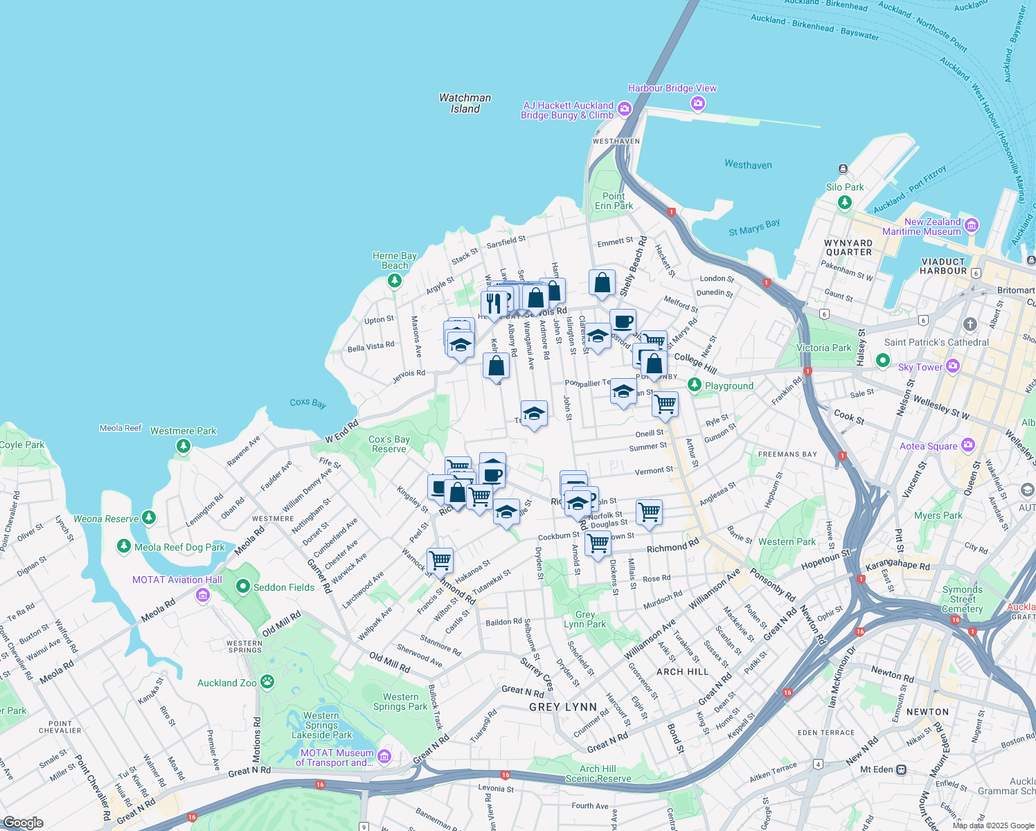 map of restaurants, bars, coffee shops, grocery stores, and more near 75 Albany Road in Auckland
