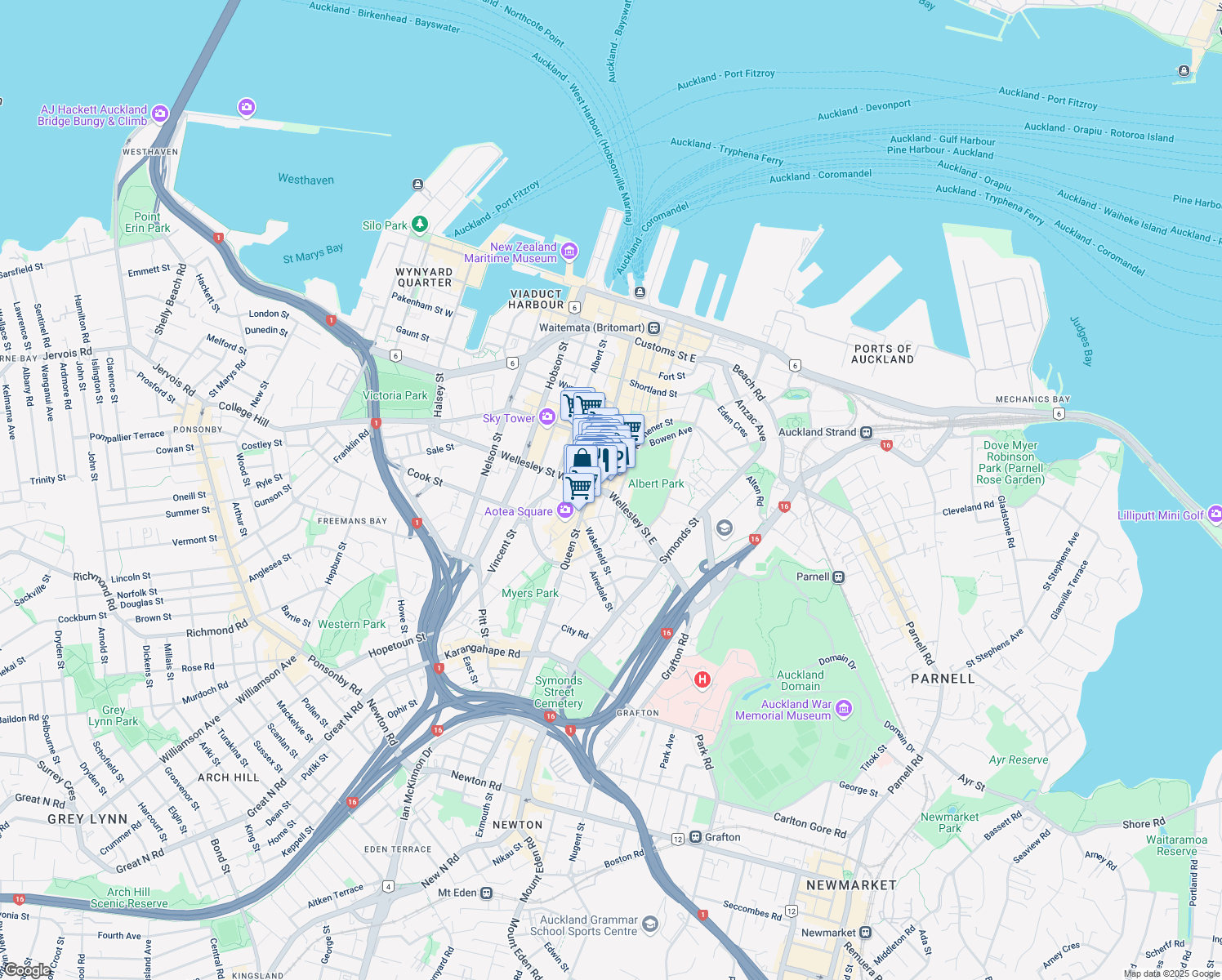 map of restaurants, bars, coffee shops, grocery stores, and more near 128 Lorne Street in Auckland
