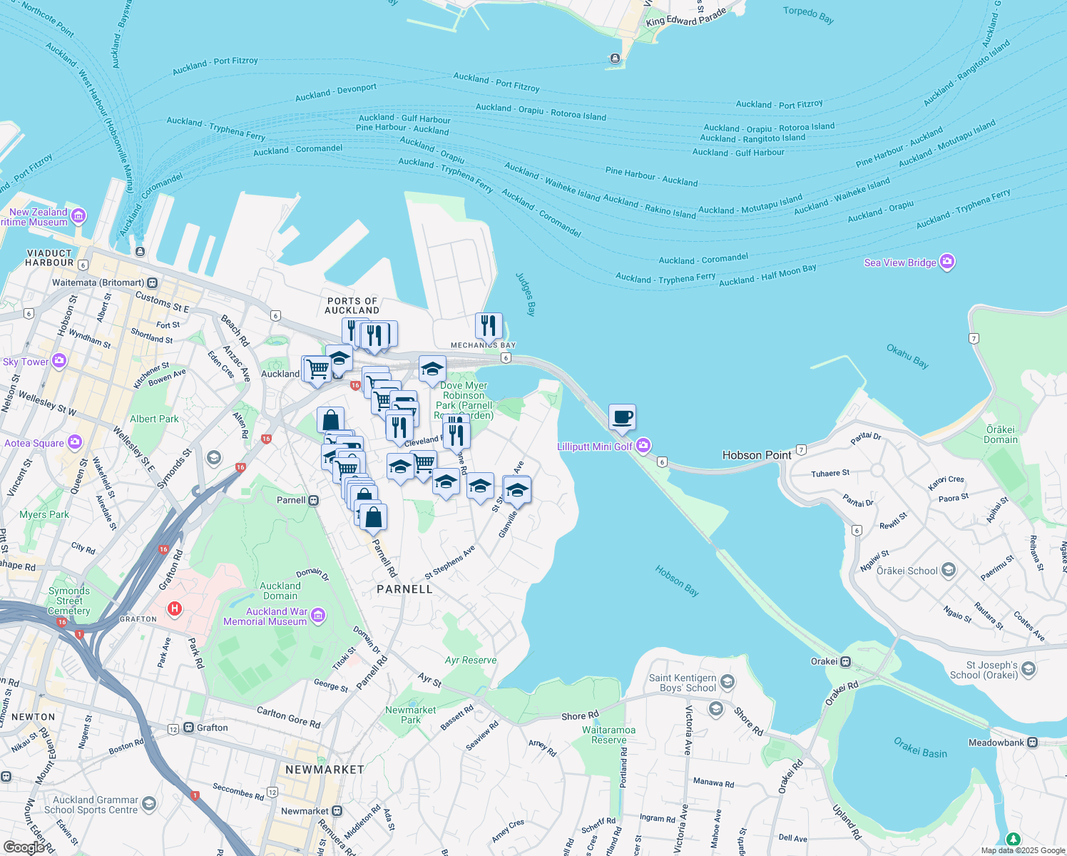 map of restaurants, bars, coffee shops, grocery stores, and more near 128 Saint Stephens Avenue in Auckland