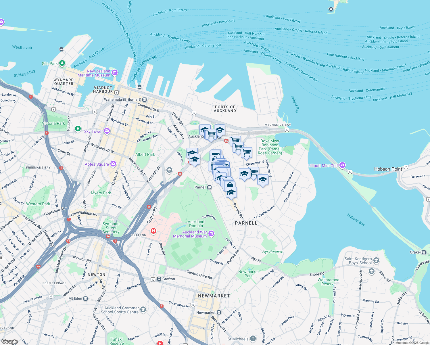 map of restaurants, bars, coffee shops, grocery stores, and more near 1 Heather Street in Auckland