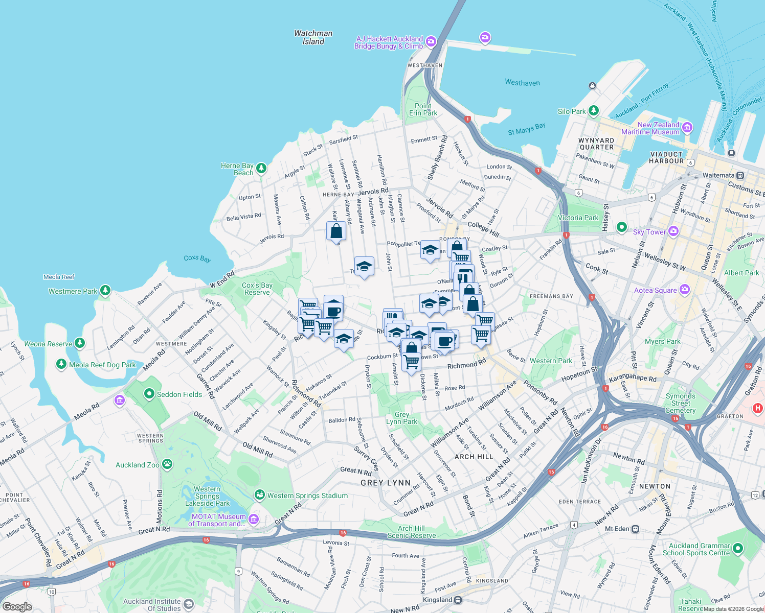 map of restaurants, bars, coffee shops, grocery stores, and more near 183 Richmond Road in Auckland