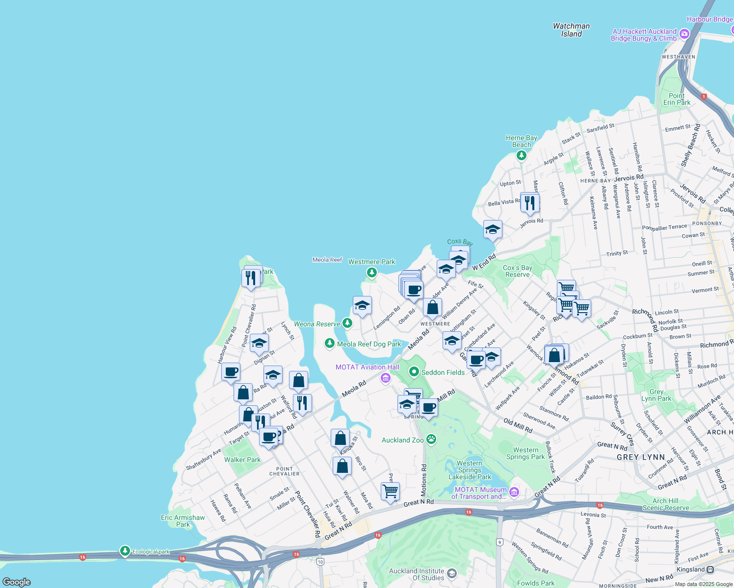 map of restaurants, bars, coffee shops, grocery stores, and more near 24 Westmere Park Avenue in Auckland