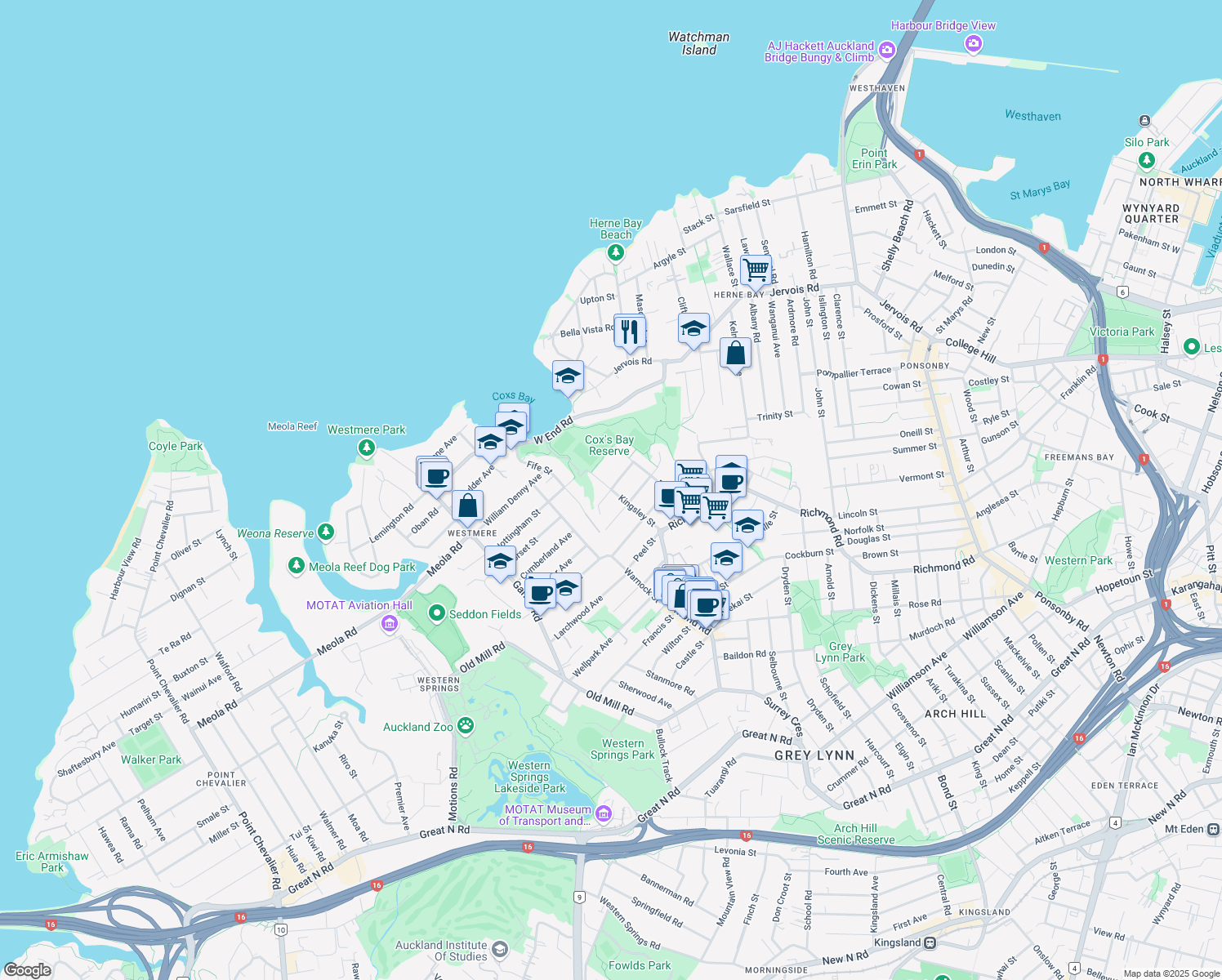 map of restaurants, bars, coffee shops, grocery stores, and more near Kingsley Street in Auckland