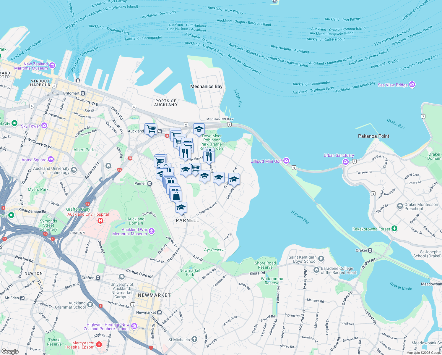 map of restaurants, bars, coffee shops, grocery stores, and more near Canterbury Place in Auckland