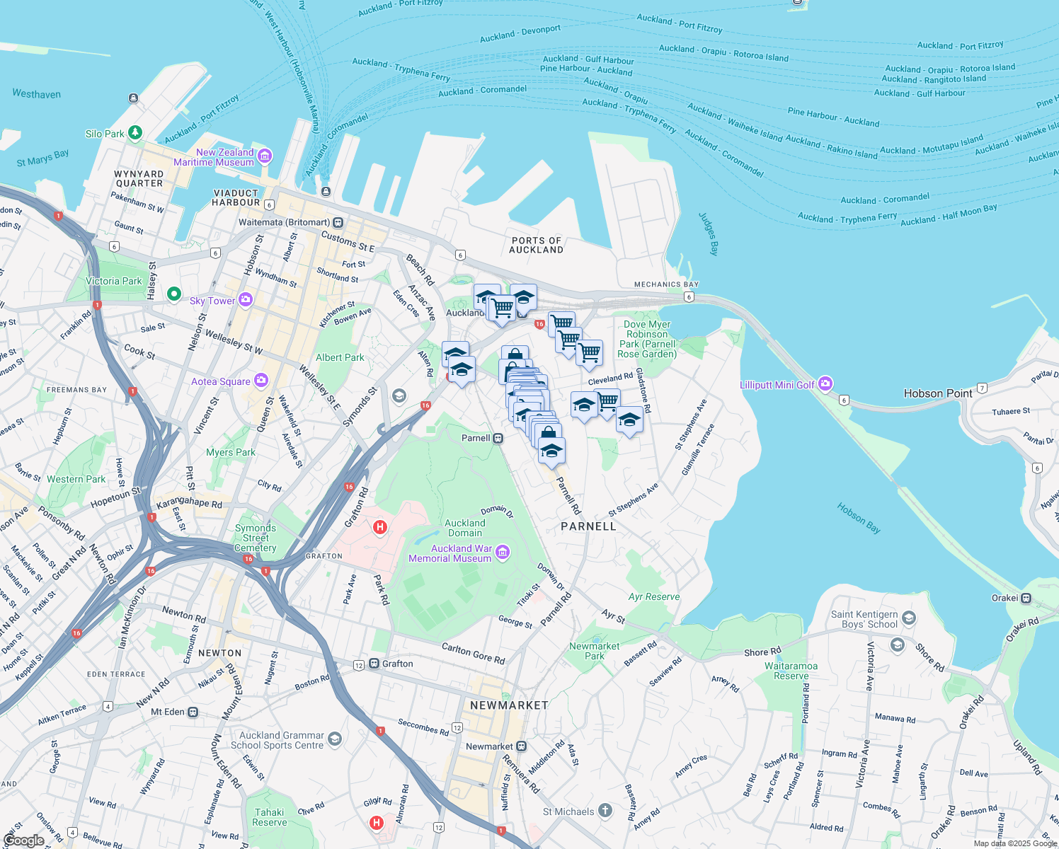 map of restaurants, bars, coffee shops, grocery stores, and more near 7 Windsor Street in Auckland