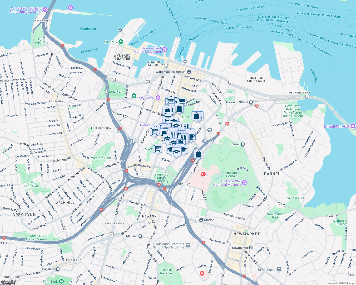 map of restaurants, bars, coffee shops, grocery stores, and more near 76 Wakefield Street in Auckland