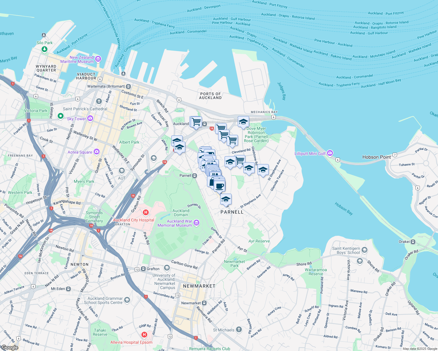 map of restaurants, bars, coffee shops, grocery stores, and more near 16 Scarborough Terrace in Auckland