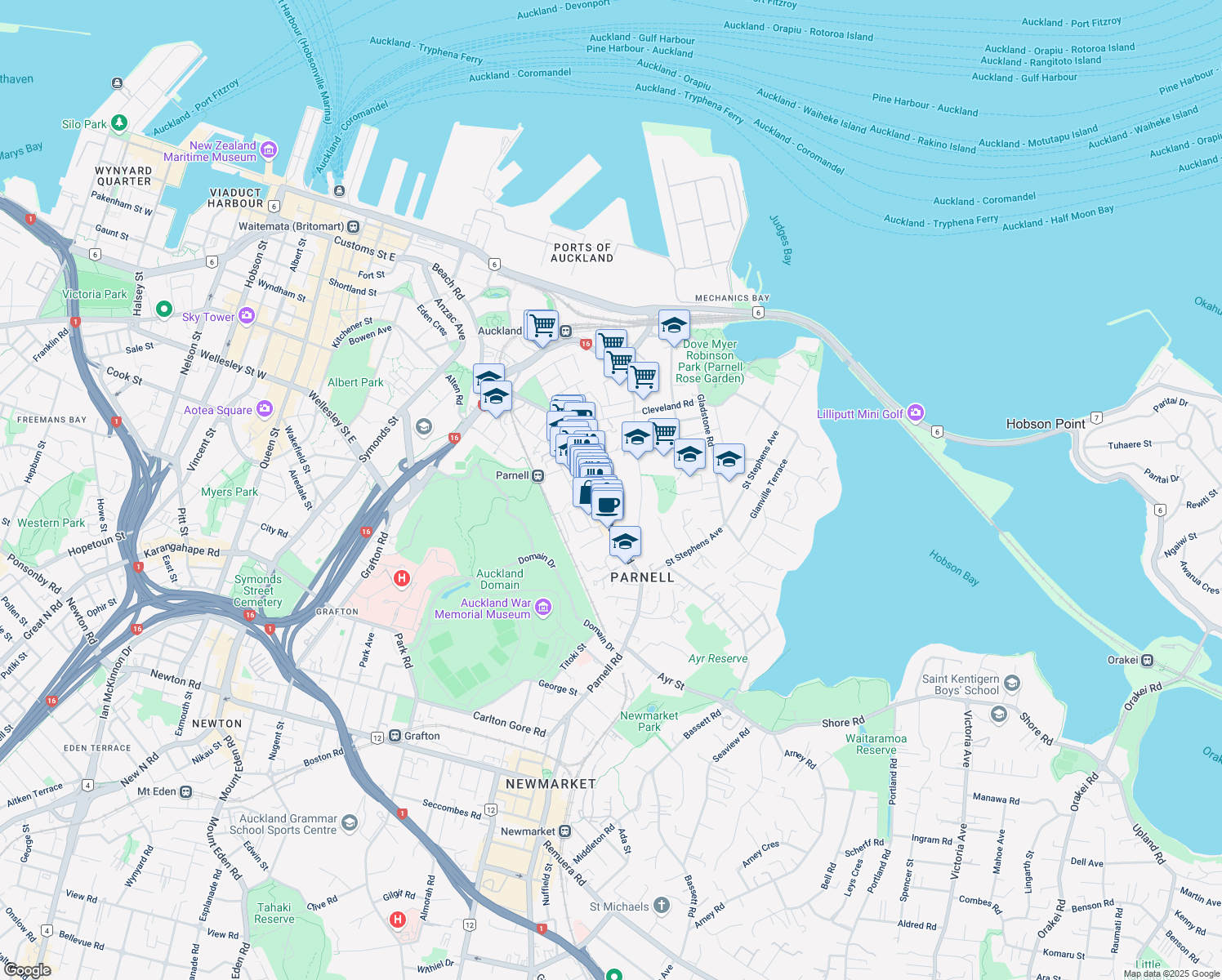 map of restaurants, bars, coffee shops, grocery stores, and more near Scarborough Terrace in Auckland