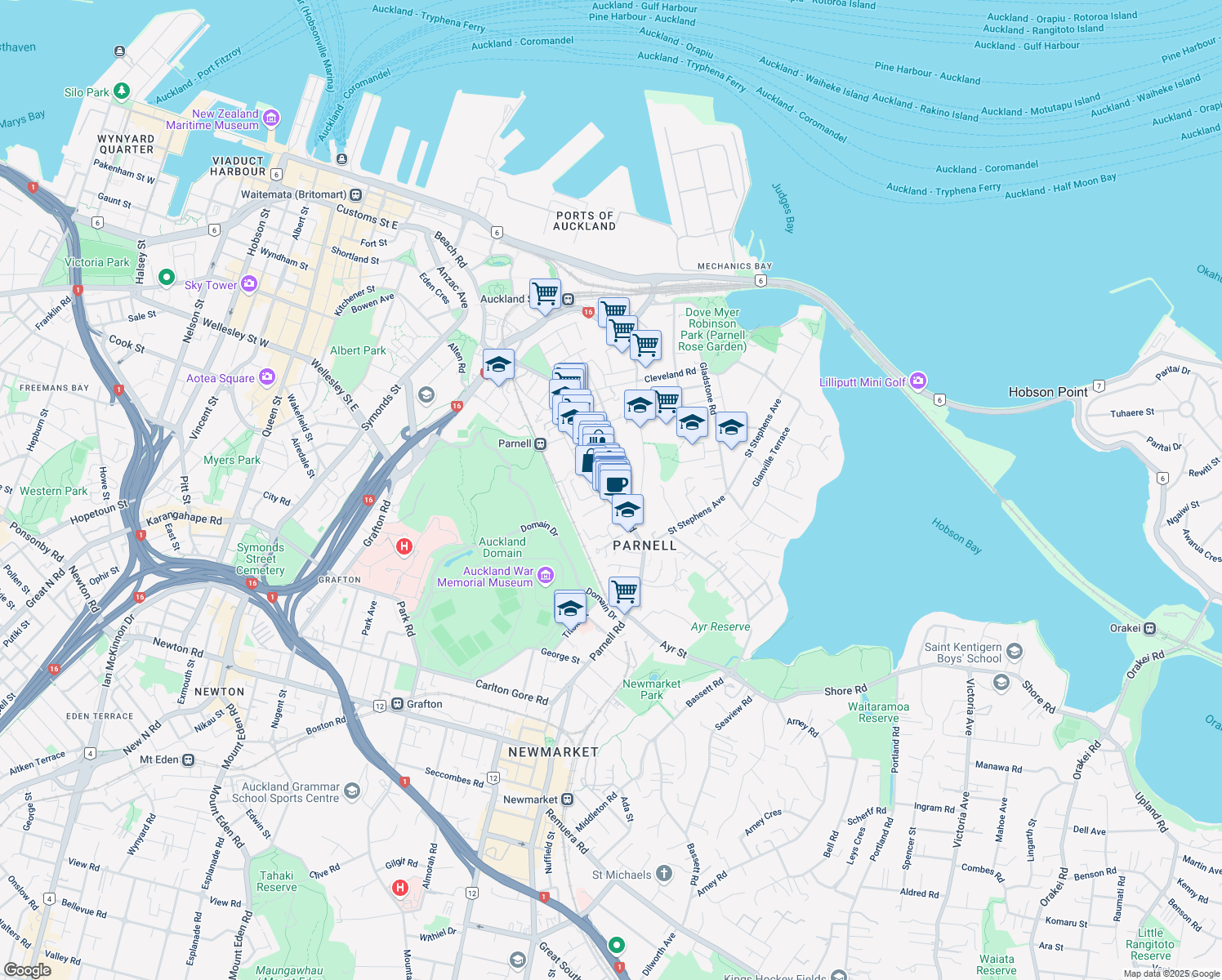 map of restaurants, bars, coffee shops, grocery stores, and more near Parnell Road in Auckland