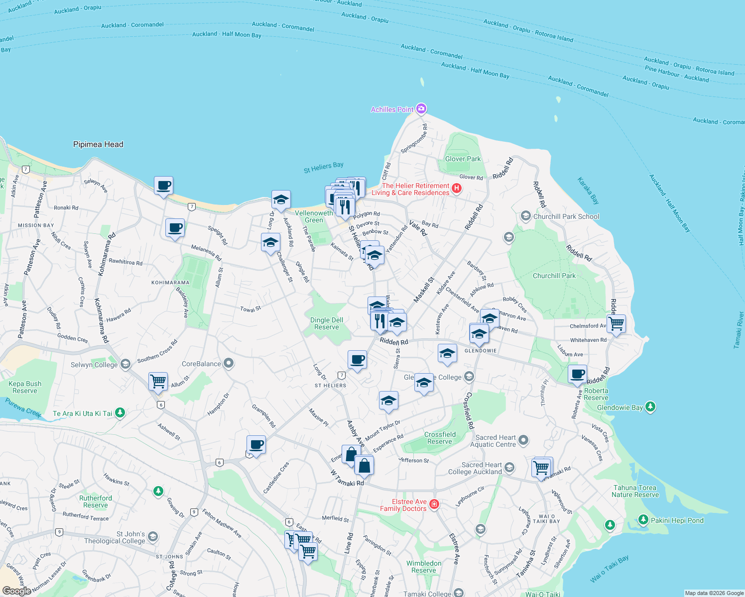 map of restaurants, bars, coffee shops, grocery stores, and more near 123 Saint Heliers Bay Road in Auckland
