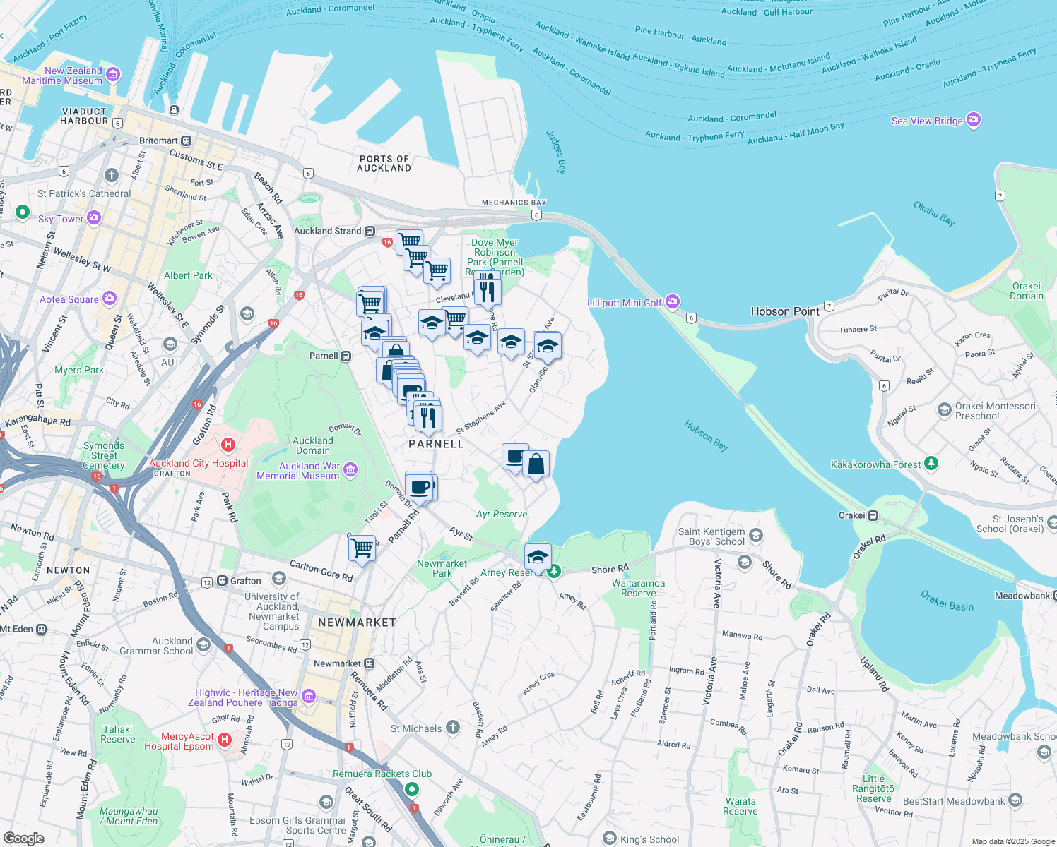 map of restaurants, bars, coffee shops, grocery stores, and more near Takutai Street in Auckland