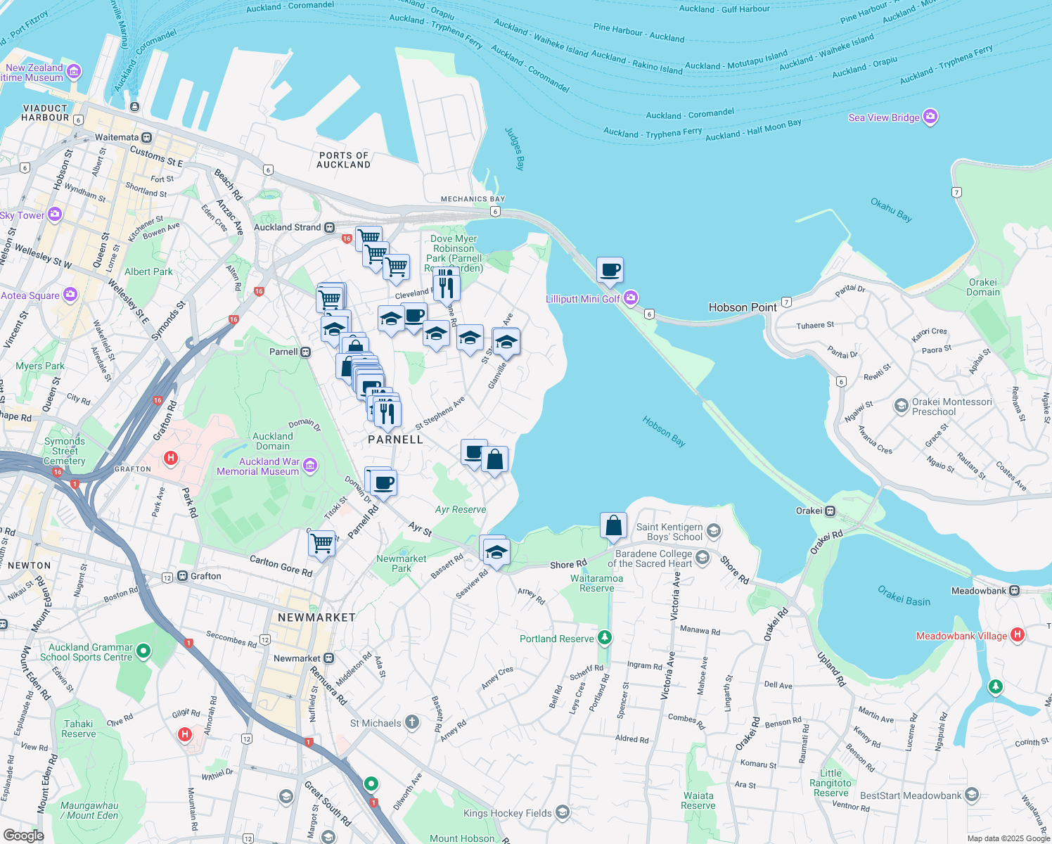 map of restaurants, bars, coffee shops, grocery stores, and more near 23 Logan Terrace in Auckland