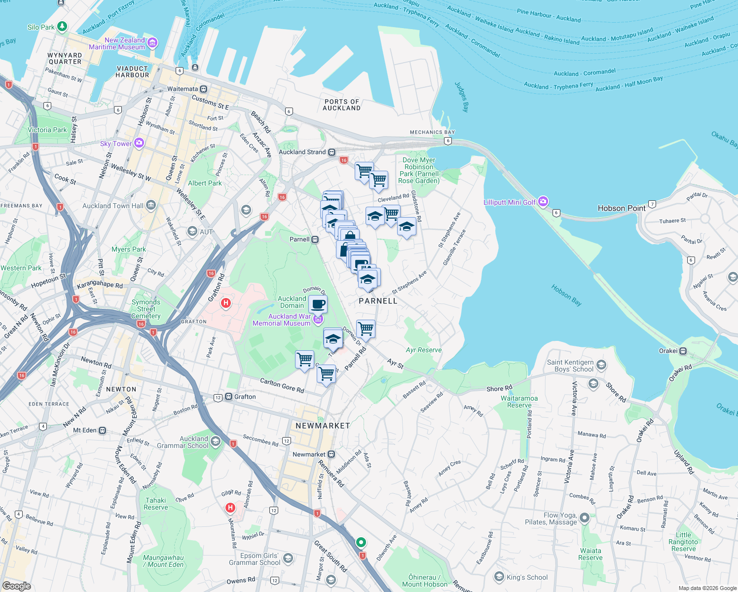 map of restaurants, bars, coffee shops, grocery stores, and more near 387 Parnell Road in Auckland