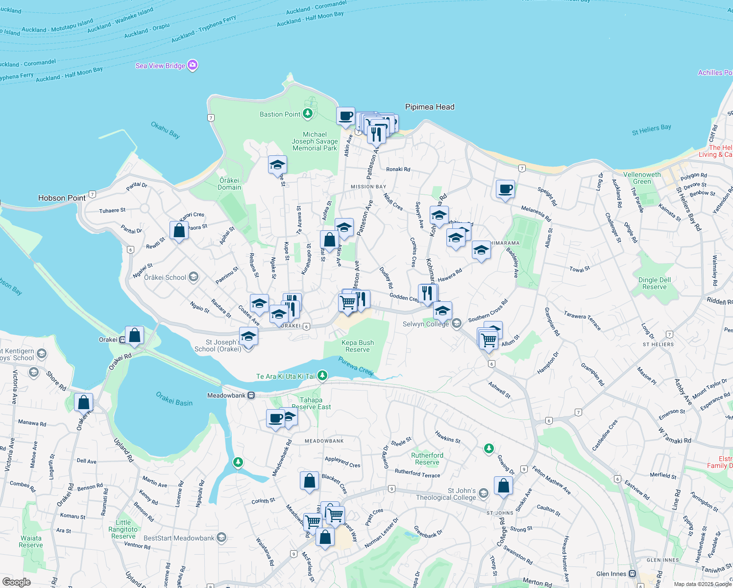 map of restaurants, bars, coffee shops, grocery stores, and more near 45 Godden Crescent in Auckland