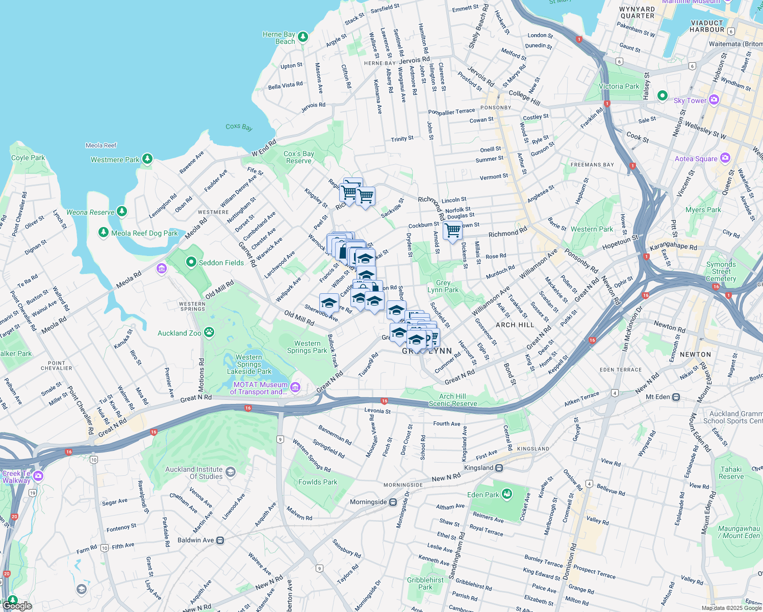 map of restaurants, bars, coffee shops, grocery stores, and more near 19 Surrey Crescent in Auckland