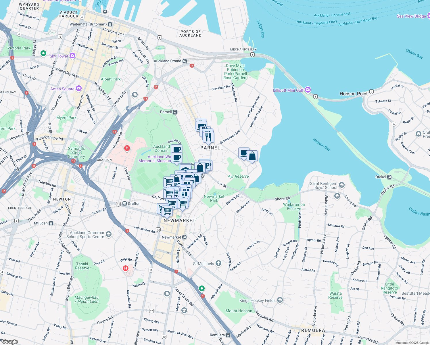 map of restaurants, bars, coffee shops, grocery stores, and more near 7 Laurie Avenue in Auckland