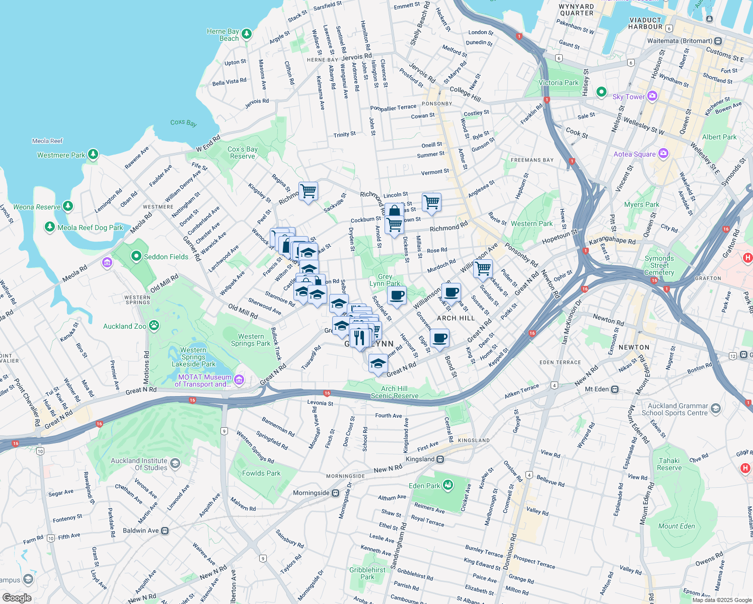 map of restaurants, bars, coffee shops, grocery stores, and more near Schofield Street in Auckland