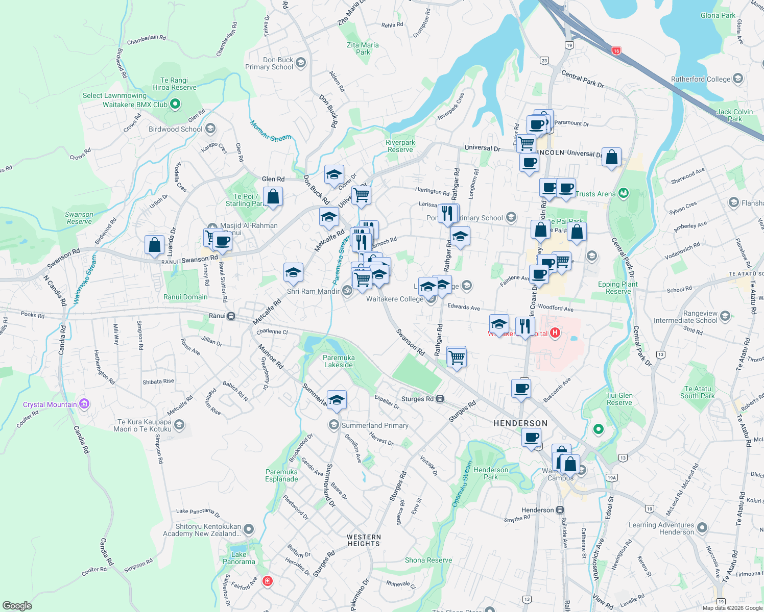 map of restaurants, bars, coffee shops, grocery stores, and more near 196-202 Swanson Road in Auckland
