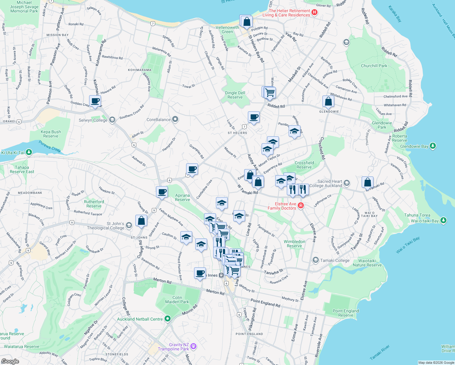 map of restaurants, bars, coffee shops, grocery stores, and more near 60 Castledine Crescent in Auckland