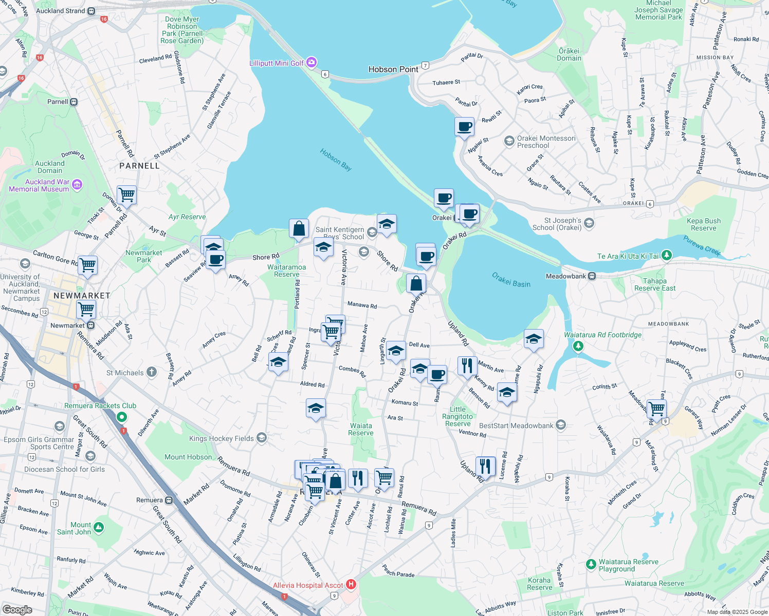 map of restaurants, bars, coffee shops, grocery stores, and more near Manawa Road in Auckland