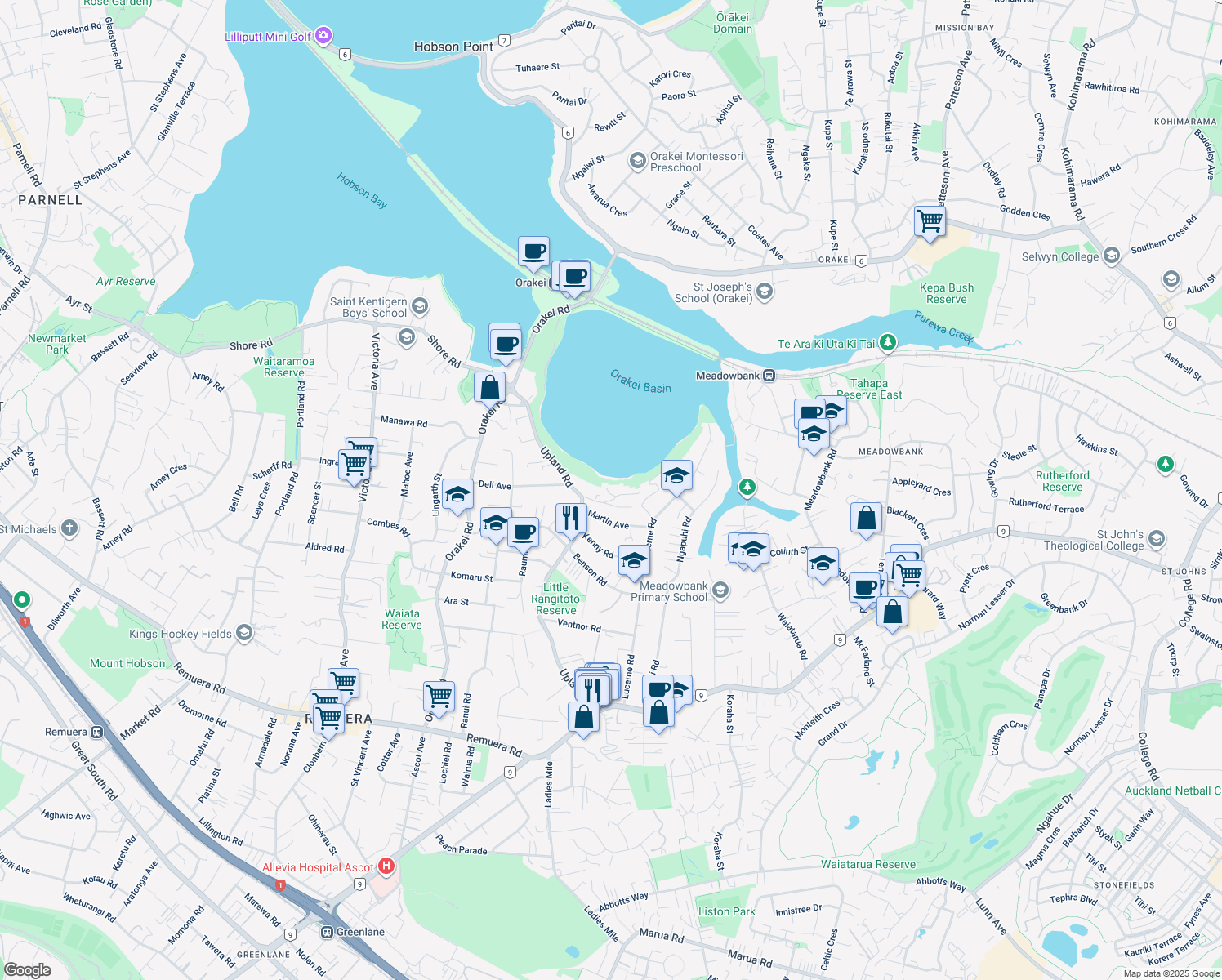 map of restaurants, bars, coffee shops, grocery stores, and more near 16 Darwin Lane in Auckland