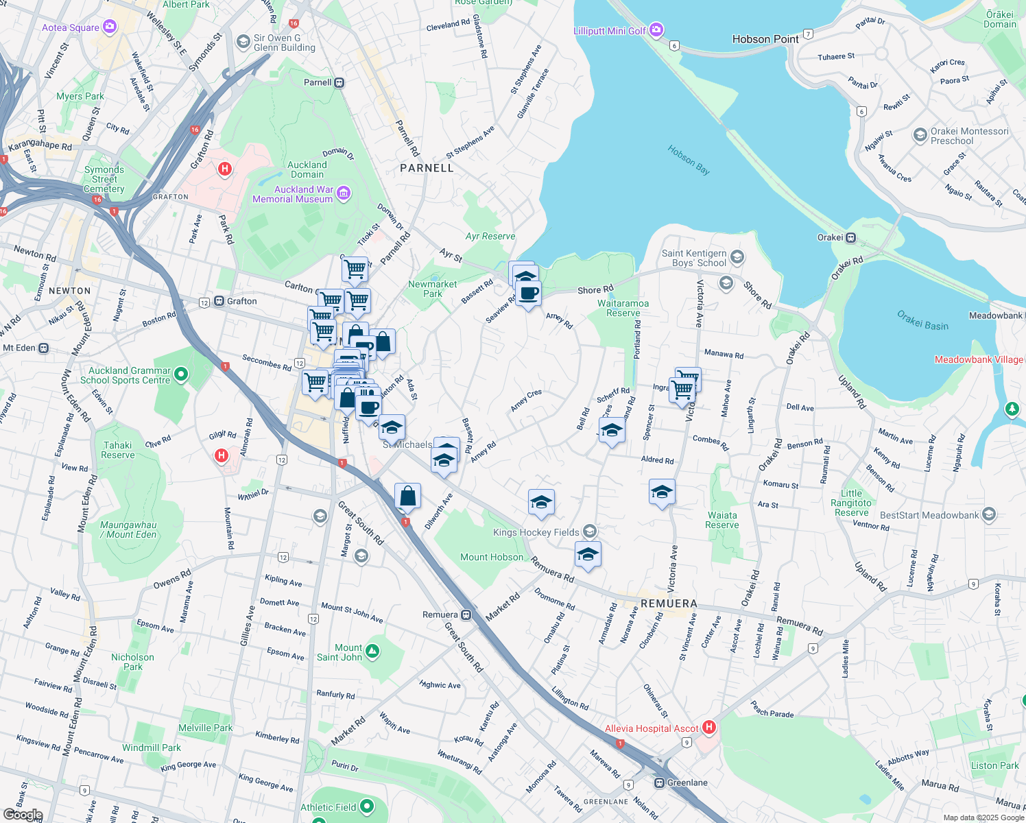 map of restaurants, bars, coffee shops, grocery stores, and more near 11 Arney Crescent in Auckland