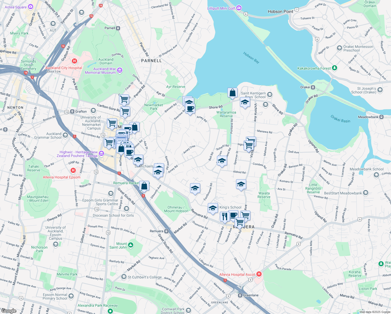 map of restaurants, bars, coffee shops, grocery stores, and more near Arney Road in Auckland