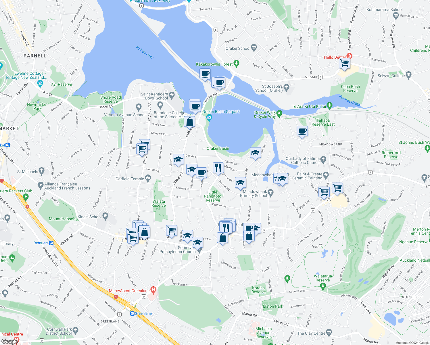 map of restaurants, bars, coffee shops, grocery stores, and more near 60 Benson Road in Auckland